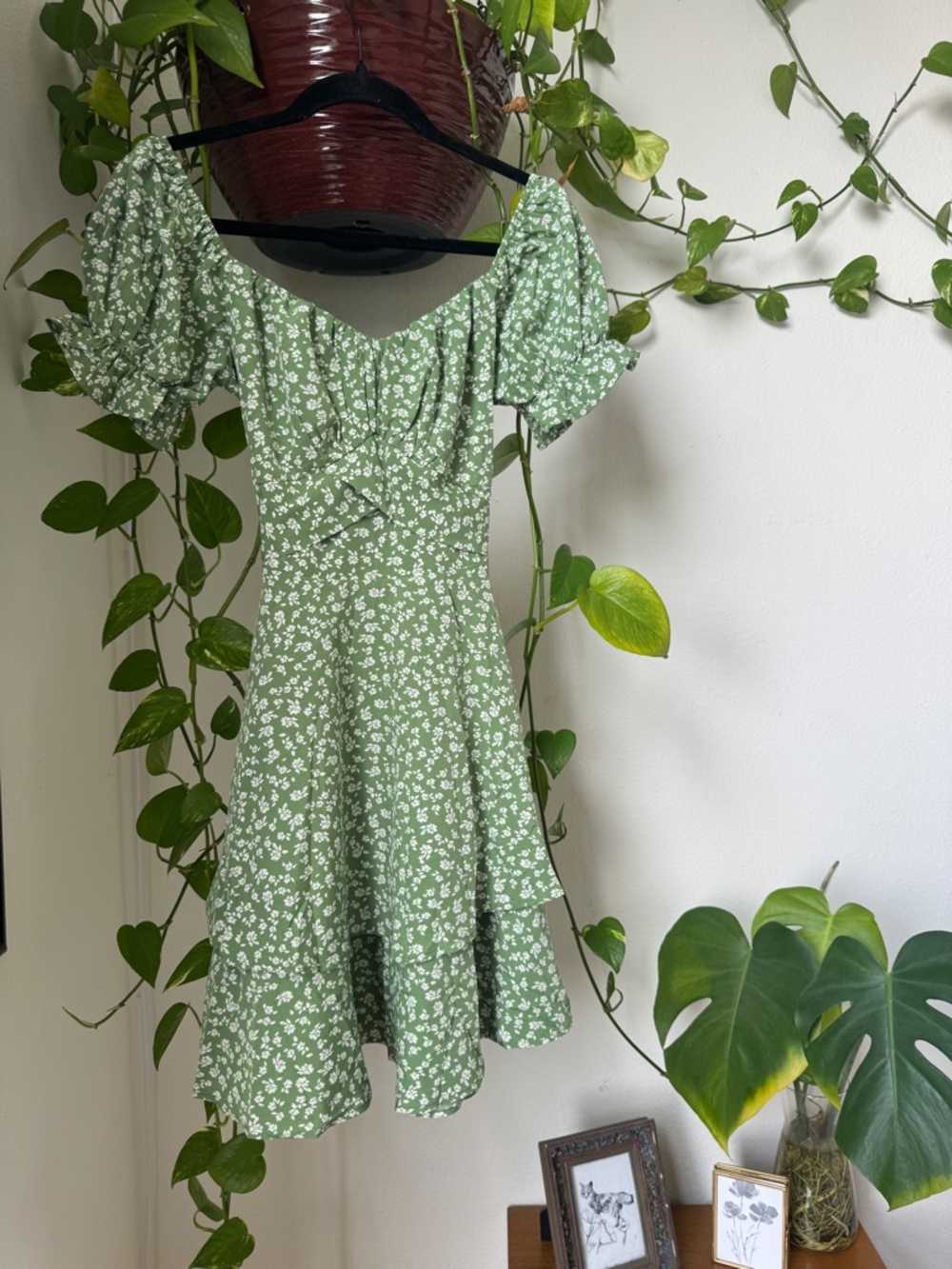 Lyaner Off Shoulder Floral Green Mini Dress